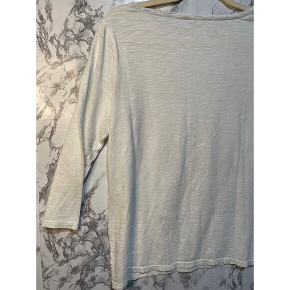 Chico's Women's 3/4th  Long-Sleeve White Top With Frayed Denim Patchwork Design - Picture 9 of 11